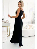 CHIARA Černé elegantní dlouhé dámské maxi šaty na ramínkách a s brokátem model 20507746 - numoco