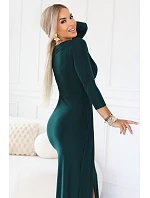 model 22112277 Elegantní dlouhé šaty s obálkovým výstřihem a rozparkem lahvově zelené - numoco