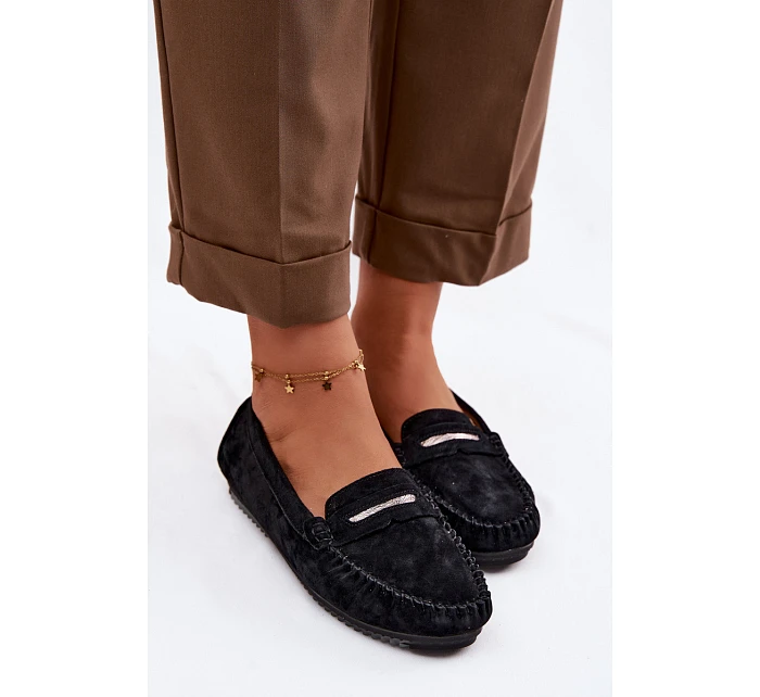 Dámské ploché mokasíny z přírodního semiše LR61-7029 Černé Dámské ploché mokasíny z přírodního semiše LR61-7029 Černé