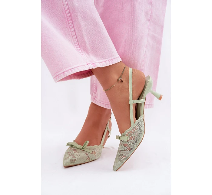 Krajkové dámské sandály na podpatku s mašlí zelené model 22107310 - Boto