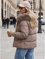Dámská prošívaná bunda s kožešinovou kapucí, béžová, FashionStreet TY5893
