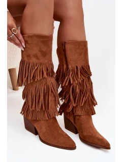 Dámské zateplené kovbojky s třásněmi Brivina – camel