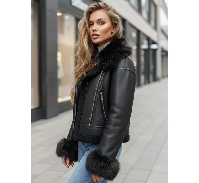 Dámská kožená bunda s kožešinou černá FashionStreet TY5244z