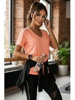 665-2 Dámská bavlněná halenka s výstřihem do V a krátkými rukávy - korálová barva
