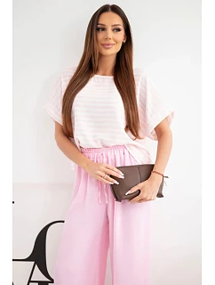 Dámský viskózový komplet s halenkou a širokými kalhotami s gumou v pase růžová model 22173163 - K-Fashion