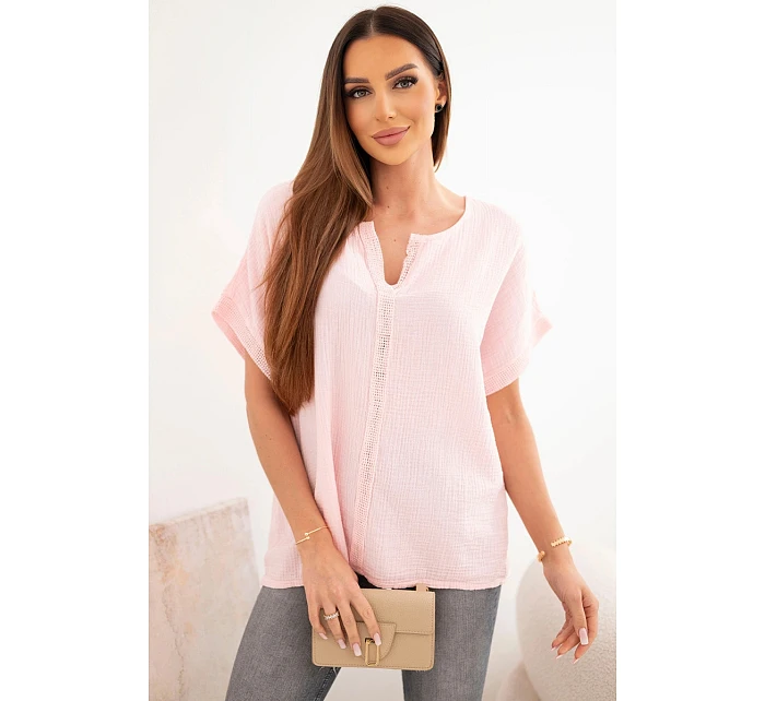 Dámská bavlněná oversize halenka s V výstřihem a krajkou candy pink