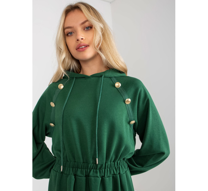 Tmavě zelené rozevláté mikinové šaty s kapucí