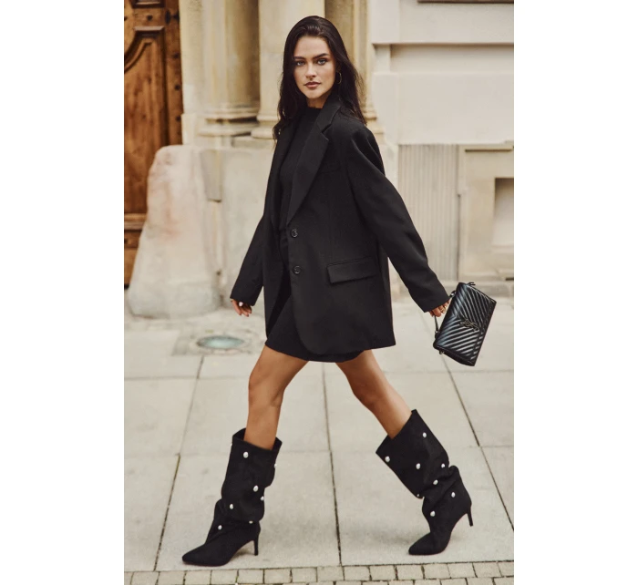 Dámské nazouvací kozačky na jehlovém podpatku Thaliane se stříbrnými ozdobami – černé