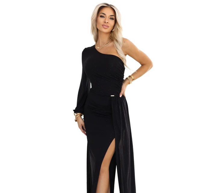 model 21822290 Třpytivé maxi šaty na jedno rameno s asymetrickými rukávy a rozparkem černé - numoco