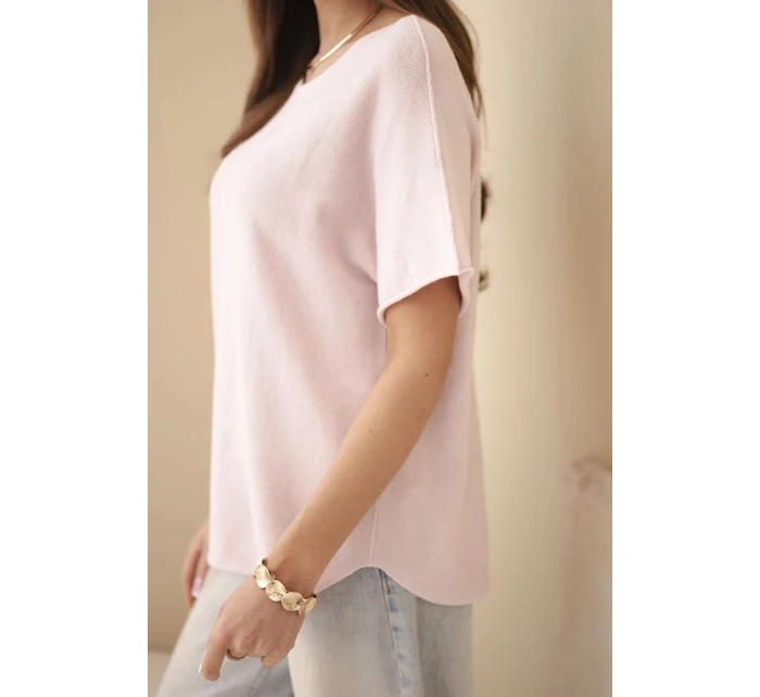 Dámský svetr s krátkým rukávem volného střihu pudrově růžový