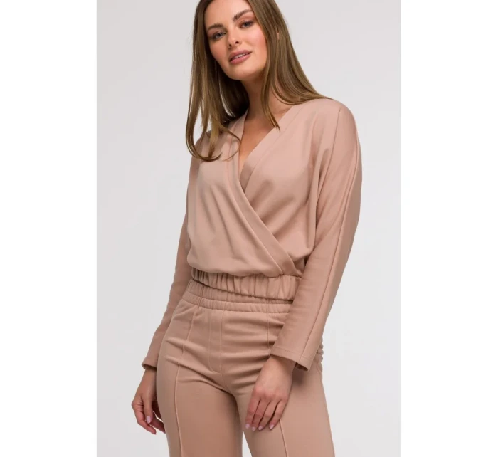 B296 Široké kalhoty s předními švy - mocca