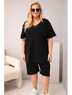 Dámská bavlněná souprava Plus Size s halenkou a kraťasy černá