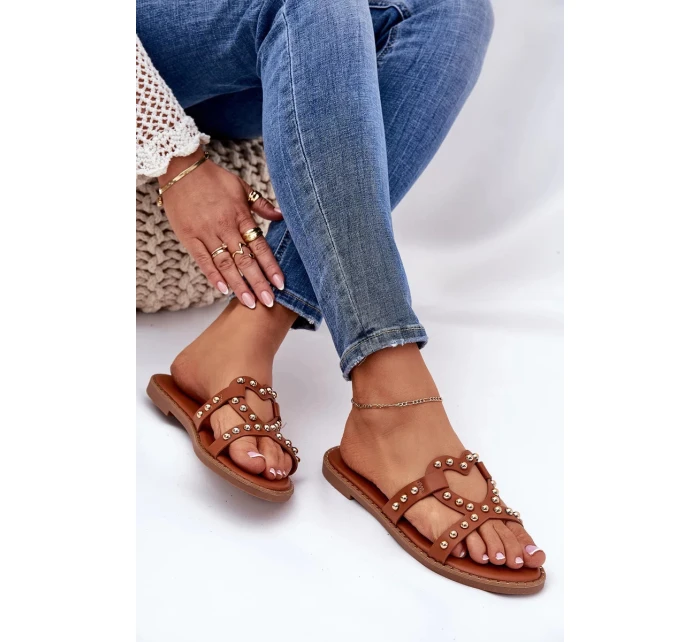 Dámské zdobené ploché pantofle – camel Adivrae