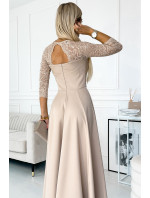 AMBER - Elegantní béžové krajkové dlouhé dámské šaty s výstřihem a rozparkem na noze 309-10