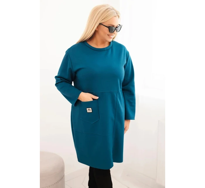 Dámské šaty Plus Size máslové s kapsou a 3/4 rukávem mořská