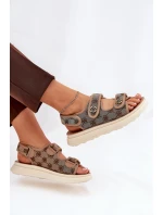 Dámské Vzorované Textilní Sandály Se Zlatými Detaily Khaki Pefese Dámské Vzorované Textilní Sandály Se Zlatými Detaily Khaki Pefese