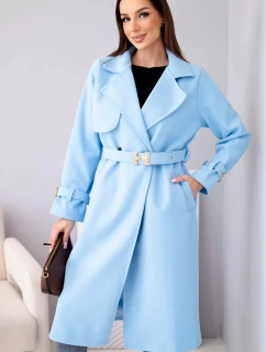 Dámský kabát s páskem a zlatými přezkami modrý