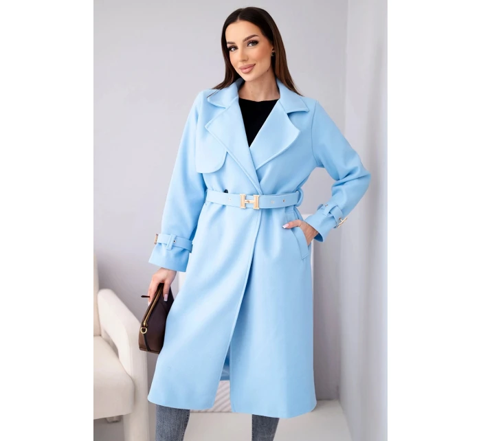 Dámský kabát s páskem a zlatými přezkami modrý