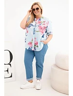 Dámská bavlněná halenka Plus Size s výstřihem do V s květinovým vzorem modrá