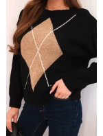 Dámský svetr s geometrickým vzorem s příměsí vlny a alpak černý Dámský svetr s geometrickým vzorem s příměsí vlny a alpak černý