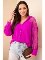 Dámská viskózová košile s krajkovými rukávy a límečkem tmavě fialová Dámská viskózová košile s krajkovými rukávy a límečkem tmavě fialová