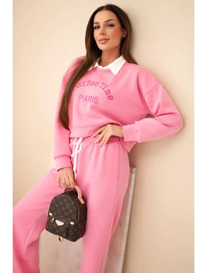 Dámská souprava máslová mikina s límečkem a rovné kalhoty světle růžový
