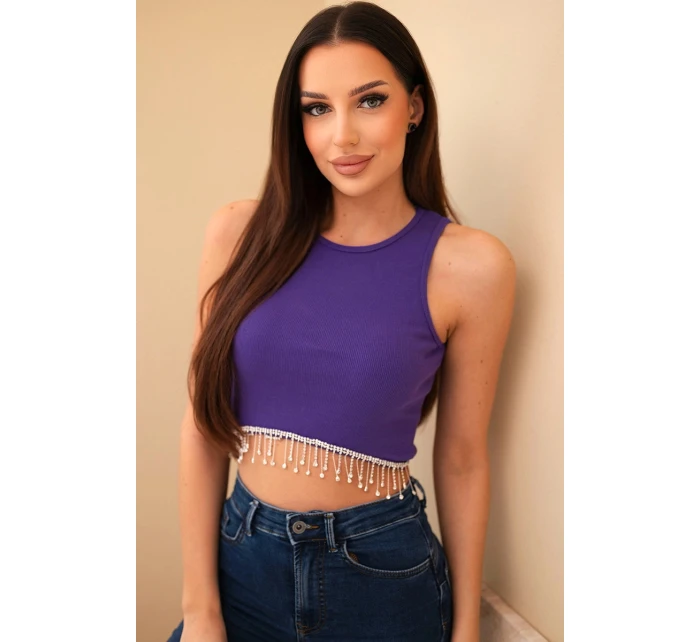 Dámský krátký žebrovaný top z bavlny s ozdobnými třásněmi fialová