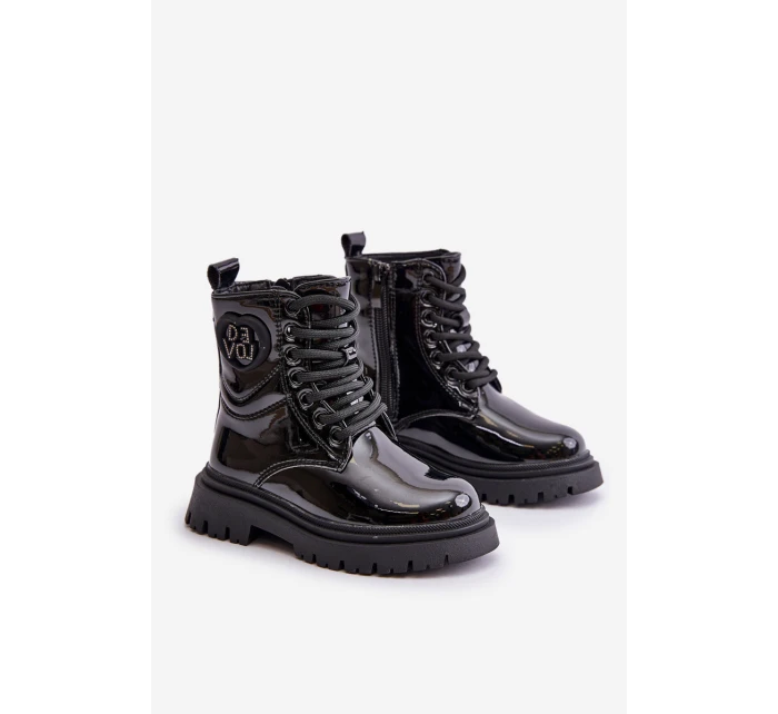 Lakované boty dívčí zateplené kožešinou na zip černé model 21672490 - Boto