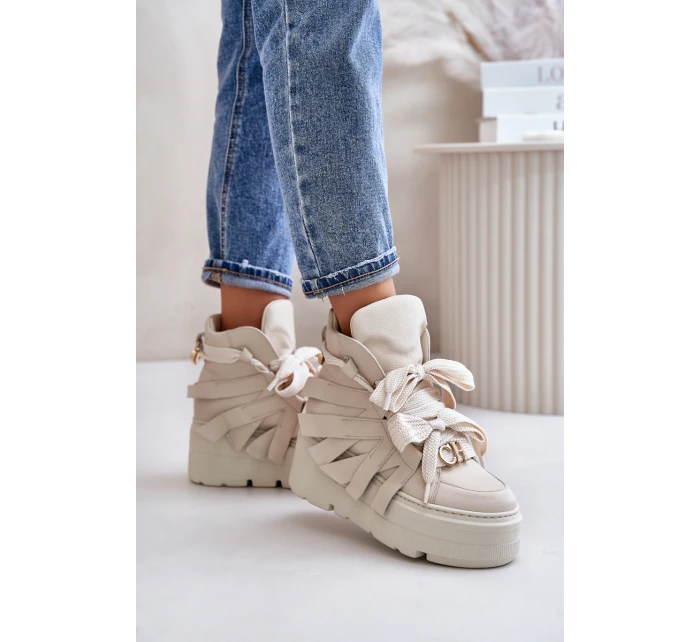 Kožené Dámské Tenisky Na Masivní Platformě Béžové CheBello 4561