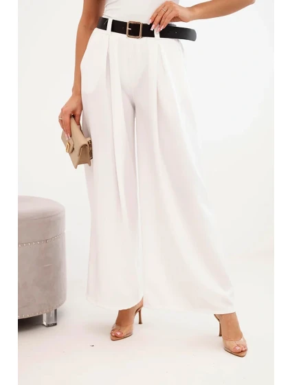 Dámské kalhoty s širokými nohavicemi a ecru páskem ecru Dámské kalhoty s širokými nohavicemi a ecru páskem ecru