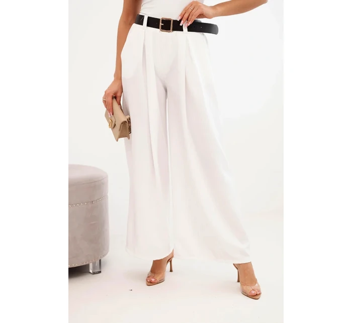 Dámské kalhoty s širokými nohavicemi a ecru páskem ecru Dámské kalhoty s širokými nohavicemi a ecru páskem ecru