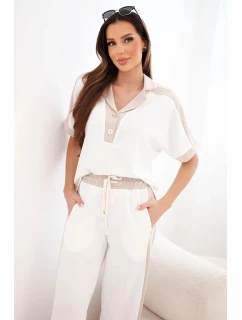 Dámský máslový komplet s model 22030118 a širokými kalhotami béžový - K-Fashion