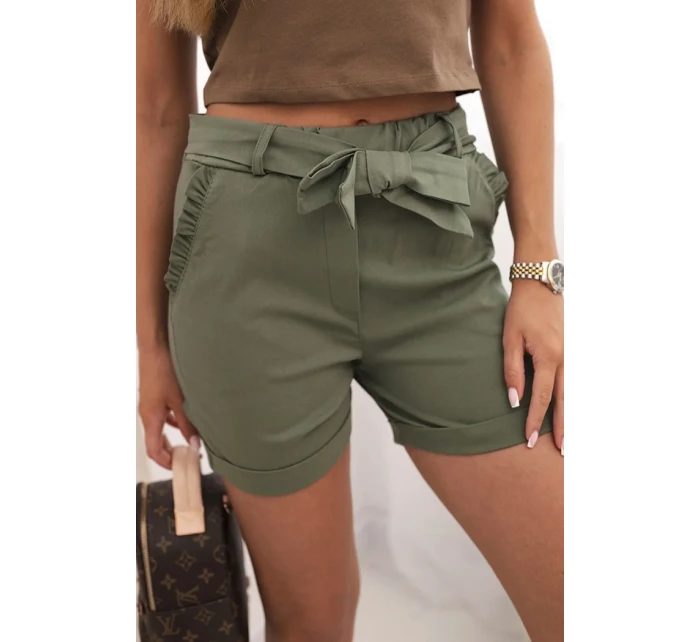 Dámské šortky s mašlí a volánky khaki