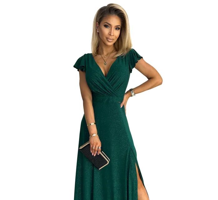 411-1 CRYSTAL třpytivé dlouhé šaty s výstřihem - BOTTLE GREEN 411-1 CRYSTAL třpytivé dlouhé šaty s výstřihem - BOTTLE GREEN