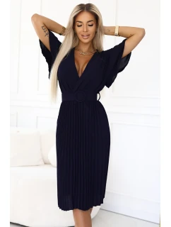 607-3 Plisované midi šaty LYRA s obálkovým výstřihem a širokým páskem - ZELENÉ