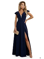 Elegantní maxi šaty s hlubokým výstřihem a rozparkem na nohou tmavě modré model 21861000 - numoco Elegantní maxi šaty s hlubokým výstřihem a rozparkem na nohou tmavě modré model 21861000 - numoco