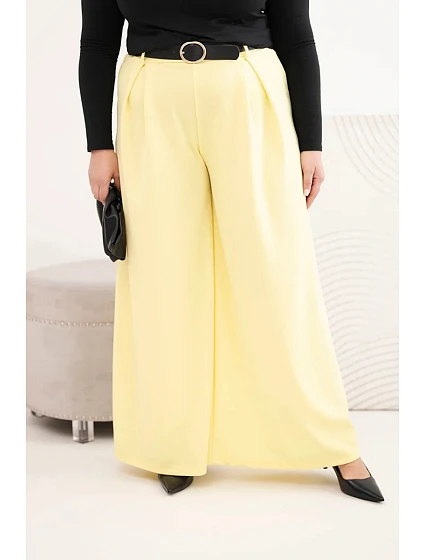 Dámské kalhoty Plus Size se širokou nohavicí a páskem žluté Dámské kalhoty Plus Size se širokou nohavicí a páskem žluté