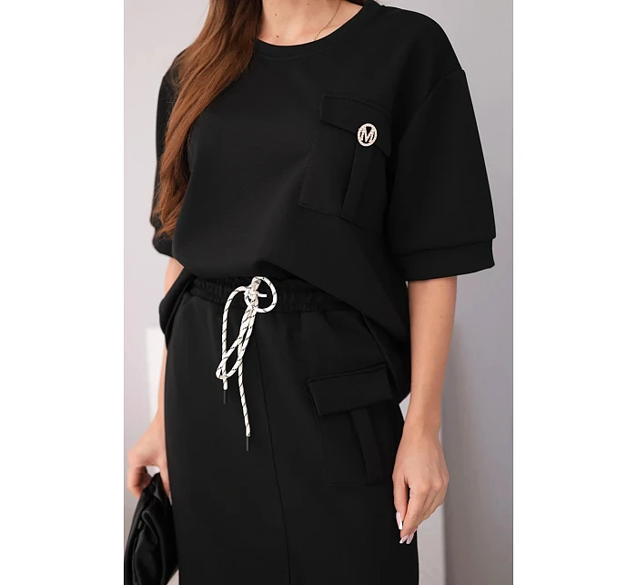 Dámský máslový komplet s blůzkou a midi sukní černý