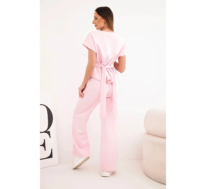Dámský komplet z  materiálu s halenkou s krátkým rukávem a širokými nohavicemi bonbónově růžová model 22048833 - K-Fashion