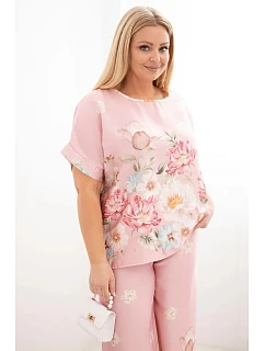 Dámský komplet Plus Size s halenkou a kalhotami s květinovým vzorem a širokými nohavicemi pudrově růžová