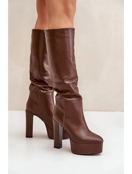Kozačky na sloupku a platformě z eko kůže hnědé Felilorn