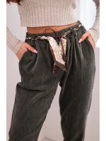 Dámské kalhoty z viskózy s šátkovým páskem khaki