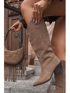 Kožené Semišové Kozačky Dámské Zateplené Khaki model 21714867 - Boto