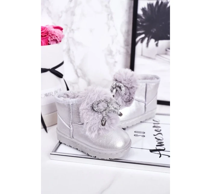 Dívčí Sněhové Teple Boty S Kožešinou Stříbrné Aurora