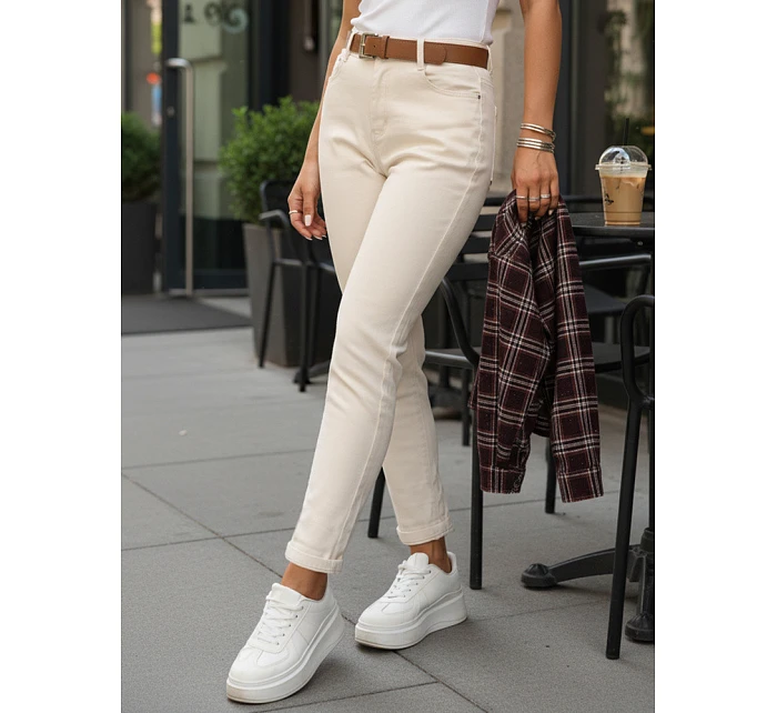 Dámské úzké džíny s páskem mírně vypasované ecru FashionStreet UY2922