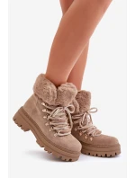 Dámské Šněrovací Boty S Kožíškem Tmavě Béžové model 21679550 - Boto