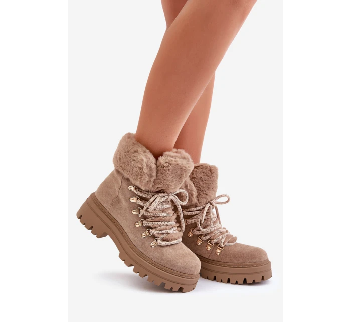 Dámské Šněrovací Boty S Kožíškem Tmavě Béžové model 21679550 - Boto