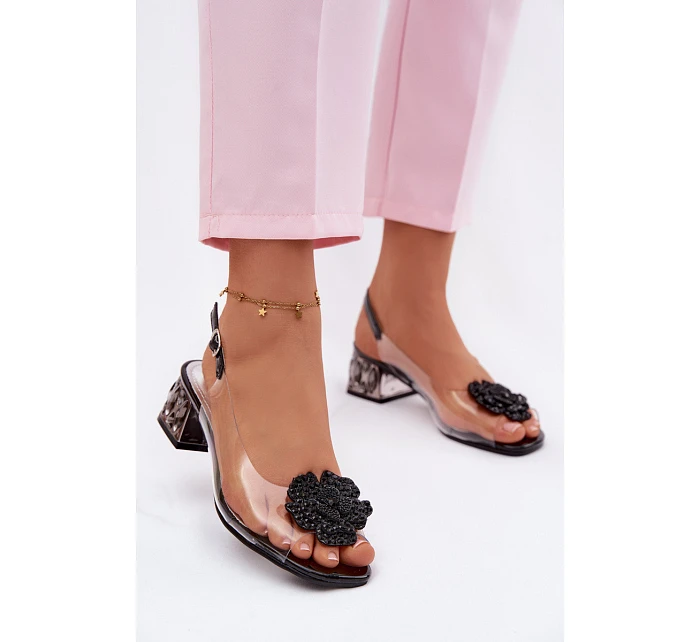 Průhledné sandály na platformě s krystaly a květinou Vinceza 70122 Černé