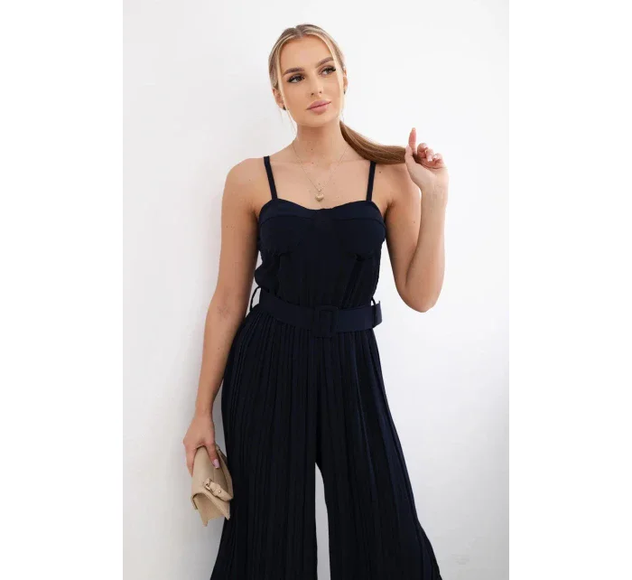 Plisovaný overal s ramínky námořnická modř