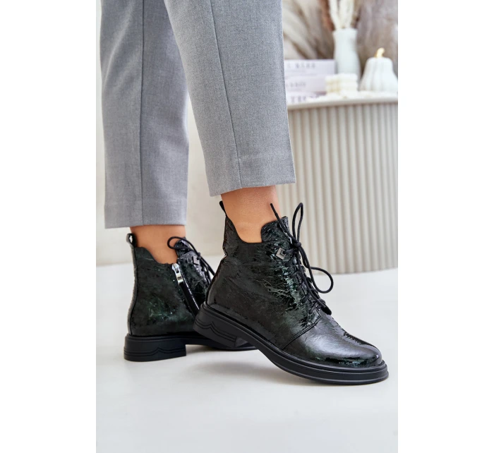 Kožené Lakované Boty Dámské Zateplené Na Zip D&A LZ42-042 Tmavozelené